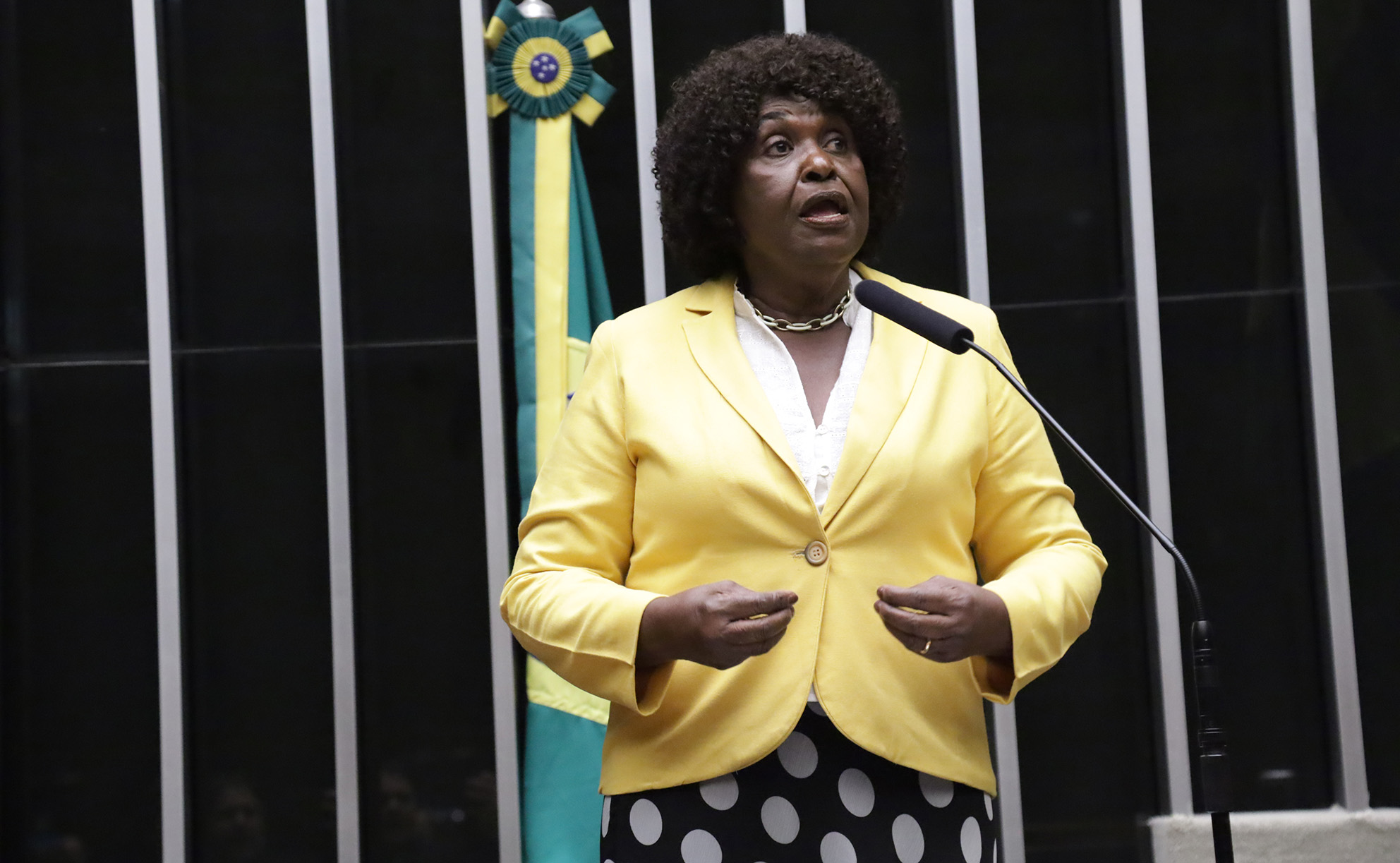 Uma mulher com blazer amarelo e saia de poá fala ao microfone em um púlpito, com a bandeira do Brasil ao fundo. Na foto: Benedita da Silva.