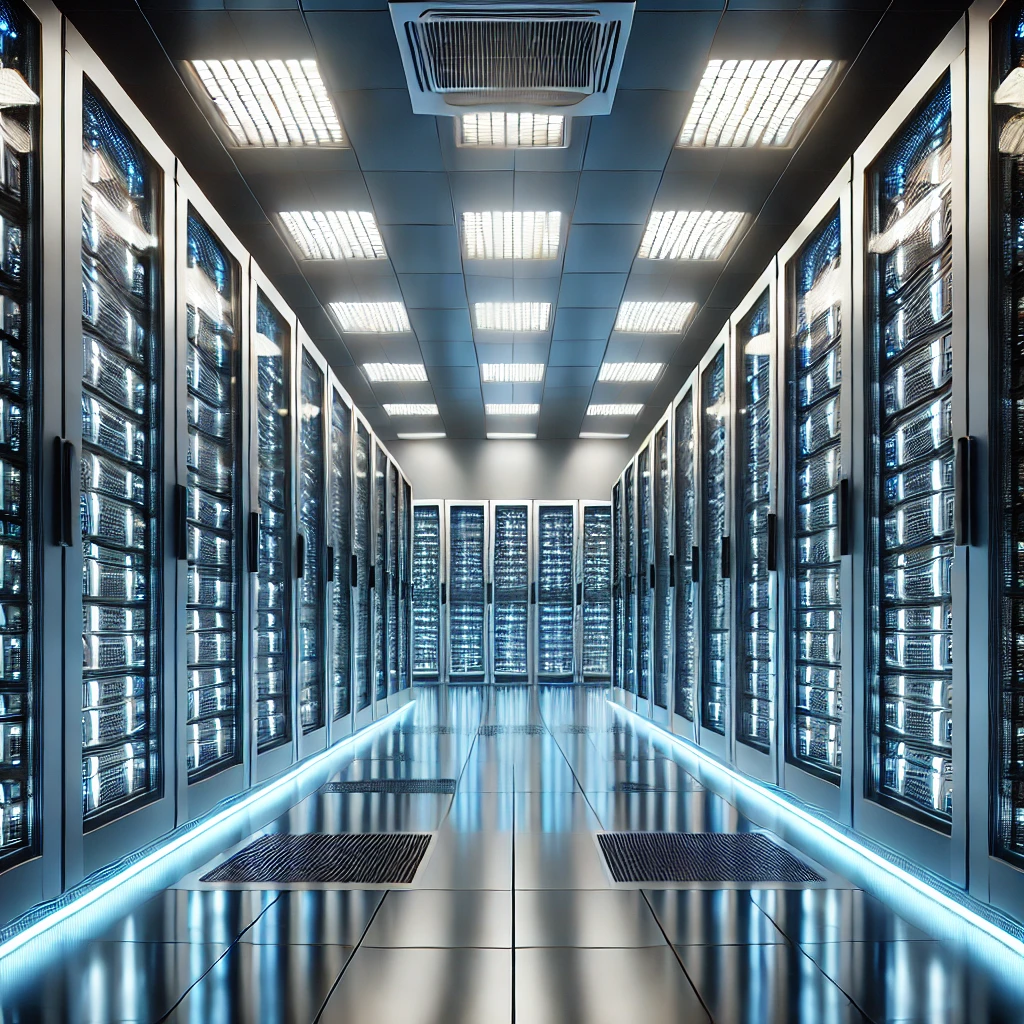 Corredor de um data center com fileiras de racks de servidores iluminados por luzes azuis e brancas em ambiente tecnológico.